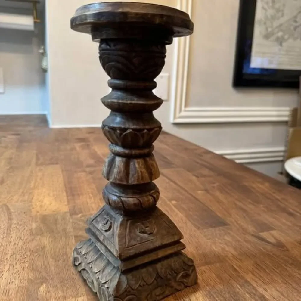 Vintage Hand-Carved Wood Candlestick – 12” Tall | Global Boho Décor